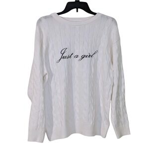 Urban Weekend White Cable Knit Sweater‎ Just a Girl Embroidered Size Small NWOT